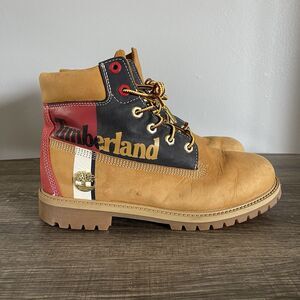 Timberland™ 6" Premium Waterproof Unisex Youth Brown Red Patch Logo Boots US 7Y
